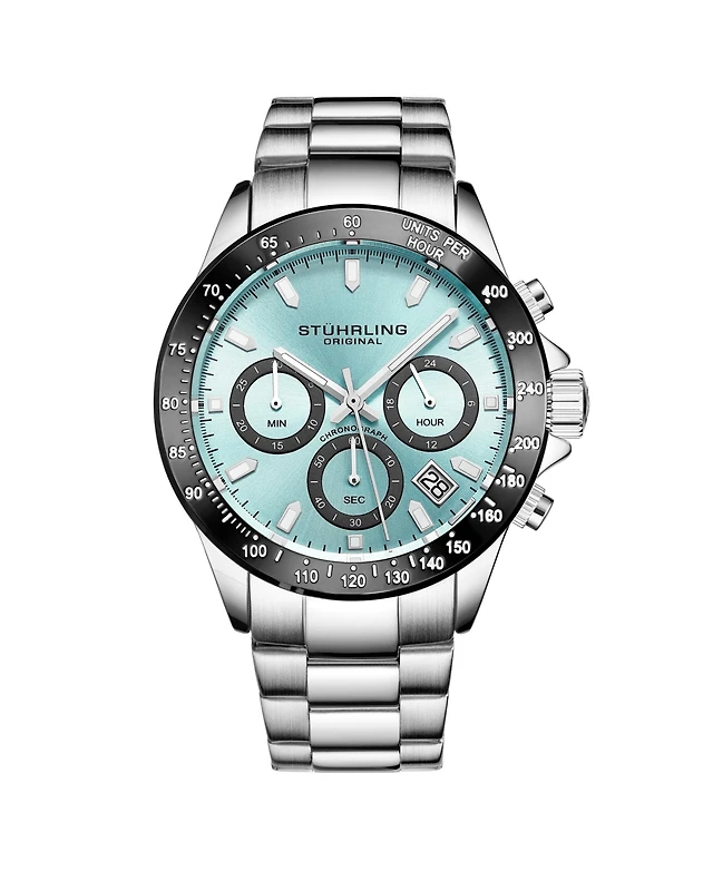 Stuhrling 3960 Men's Chronograph Watch Quartz Japan VR32 Ice Blue Dial  Black Tachymeter Bezel Silver Tone Case Stainless Steel Bracelet Date Window