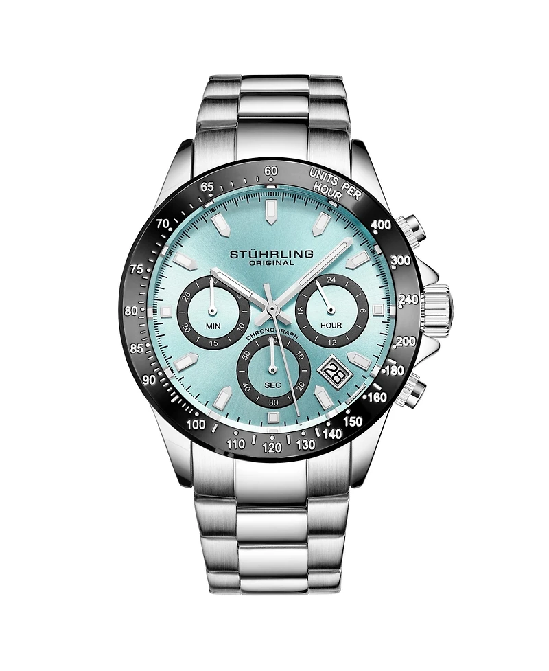 Stuhrling 3960 Men's Chronograph Watch Quartz Japan VR32 Ice Blue Dial Black Tachymeter Bezel Silver Tone Case Stainless Steel Bracelet Date Window