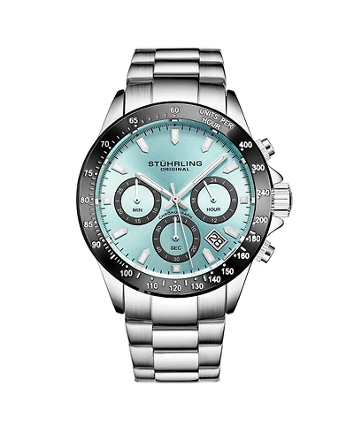 Stuhrling 3960 Men's Chronograph Watch Quartz Japan VR32 Ice Blue Dial Black Tachymeter Bezel Silver Tone Case Stainless Steel Bracelet Date Window