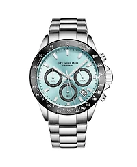 Stuhrling 3960 Men's Chronograph Watch Quartz Japan VR32 Ice Blue Dial Black Tachymeter Bezel Silver Tone Case Stainless Steel Bracelet Date Window