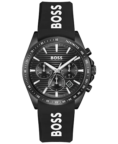 Hugo Boss Men's Strike Quartz Fashion Chrono Black Silicone Watch, 41mm