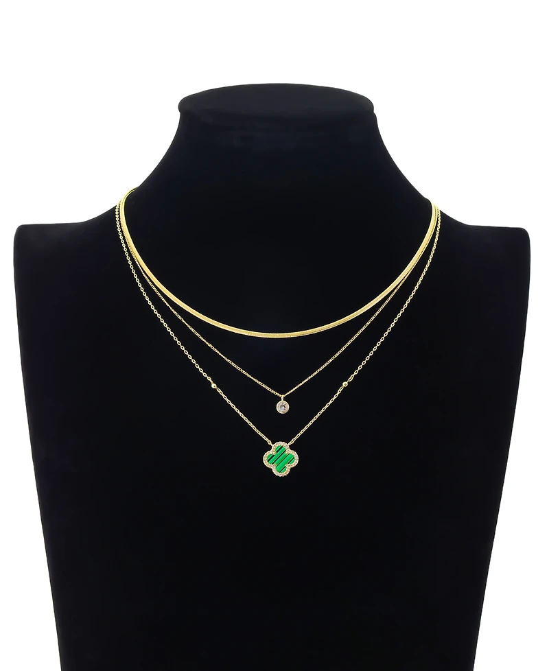 Unwritten Malachite Clover and Cubic Zirconia Bezel Layered Necklace Set