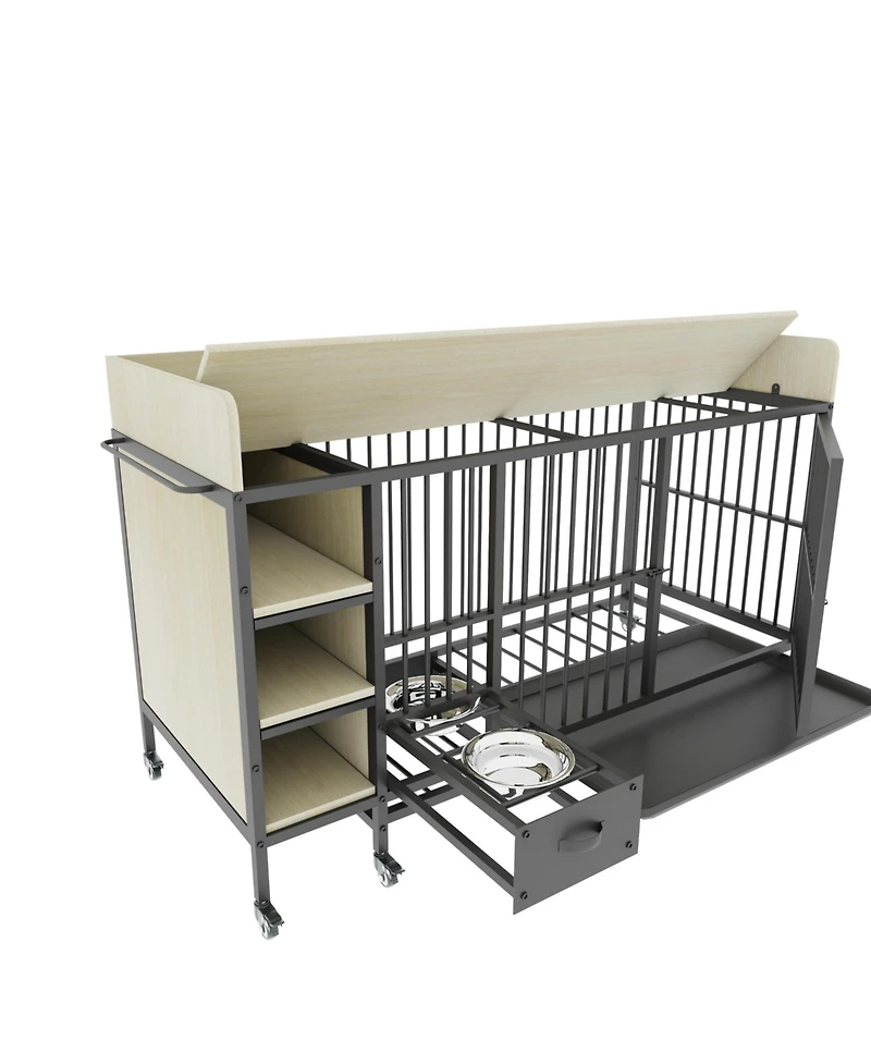 Aostirmotor 57 in. W x 33 in. H x 24 in. D Large Pet Cage with Storage Rack Drawers with Stainless Steel Food in Beige