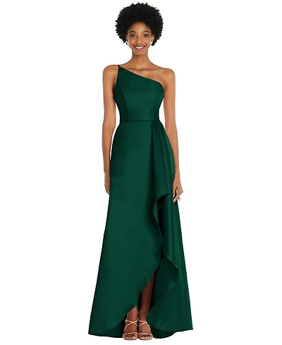 Alfred Sung One-Shoulder Satin Gown with Draped Front Slit and Pockets