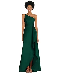 Alfred Sung One-Shoulder Satin Gown with Draped Front Slit and Pockets