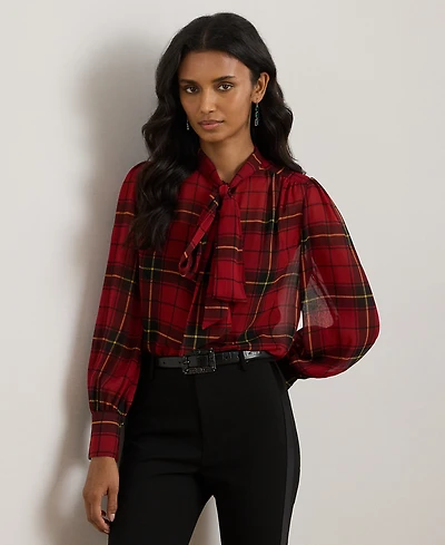 Lauren Ralph Petite Plaid Print Tie Neck Top