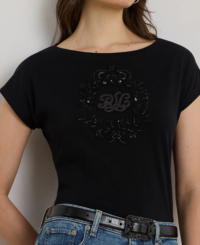 Lauren Ralph Lauren Petite Sequin Crest Jersey T-Shirt