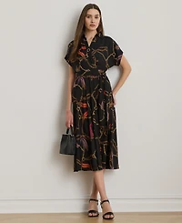 Lauren Ralph Petite Spread Collar Belting-Print Dress