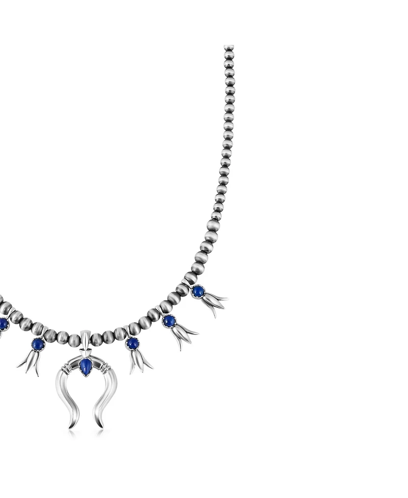 American West Jewelry Sterling Silver Lapis Beaded Squash Blossom Necklace, 16 to 19 Inches