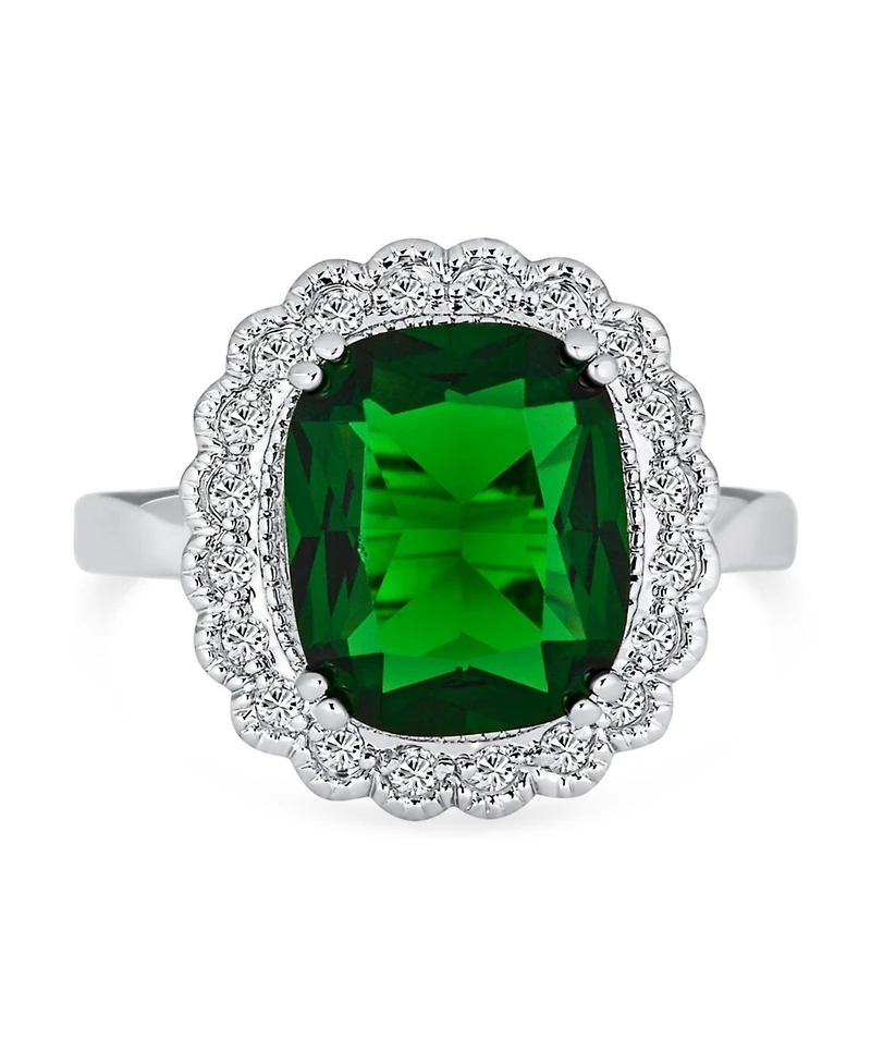 Bling Jewelry Art Deco Style Rectangle Large Cubic Zirconia Solitaire Green Emerald Cut with Cz Halo 10CT Cocktail Statement Ring Silver Plated