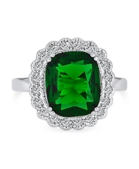 Bling Jewelry Art Deco Style Rectangle Large Cubic Zirconia Solitaire Green Emerald Cut with Cz Halo 10CT Cocktail Statement Ring Silver Plated
