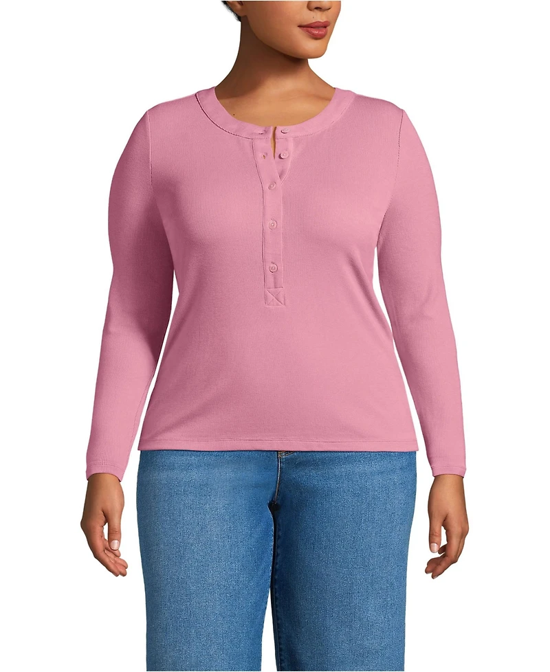 Lands' End Plus Drapey Rib Fitted Long Sleeve Henley T-Shirt