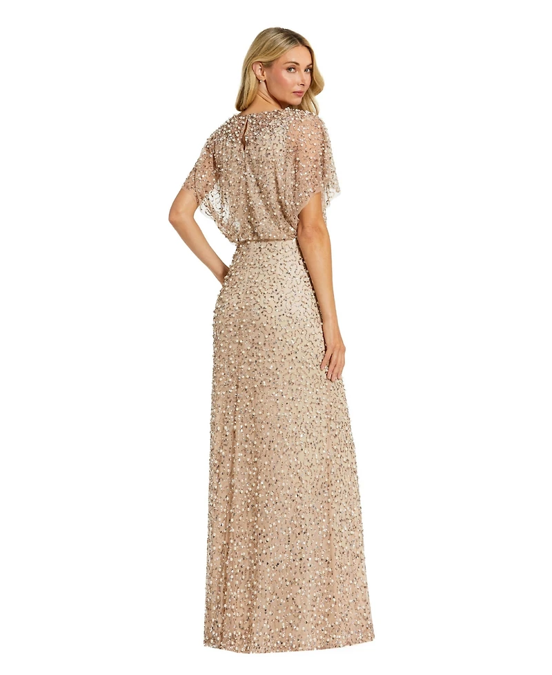 Mac Duggal Women's Short Sleeve Beaded Blouson A-line Gown