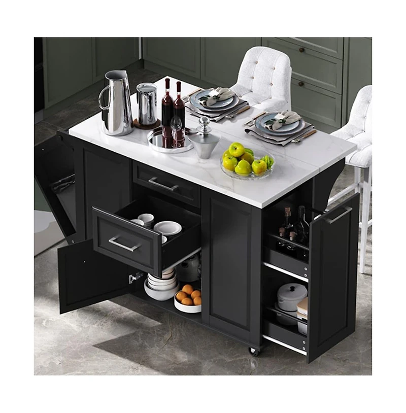 Maison Boucle 50.7" Rolling Kitchen Island with Drop Leaf, Hidden Trash Cabinet, Wood Top, Pull-Out Organizer-Maison Boucle