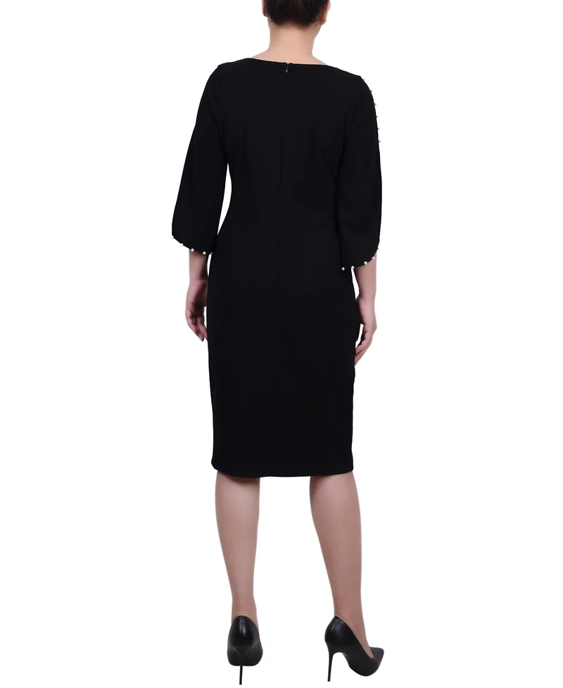 Ny Collection Petite 3/4 Cultivated Pearl-Detail Petal Sleeve Dress