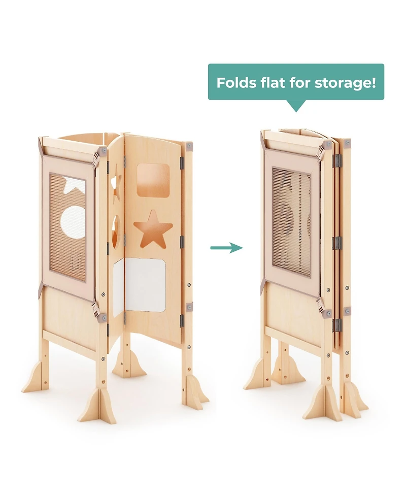 Guidecraft Classic Kitchen Helper Kids' Step Stool - Natural: Foldable and Adjustable Wooden Toddler Tower for Learning with Keeper