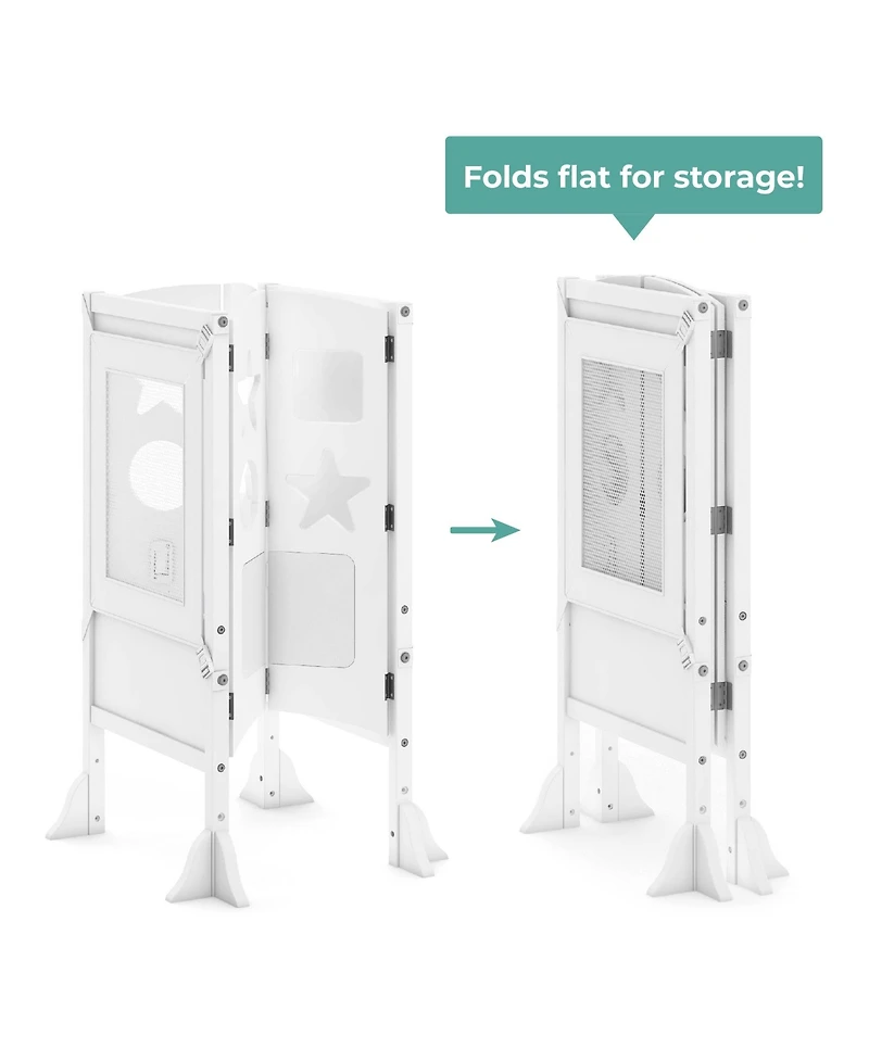 Guidecraft Classic Kitchen Helper Kids' Step Stool - Natural: Foldable and Adjustable Wooden Toddler Tower for Learning with Keeper