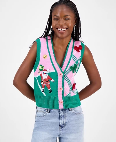 Hooked Up by Iot Juniors' Santa Pickleball Sleeveless Sweater Vest