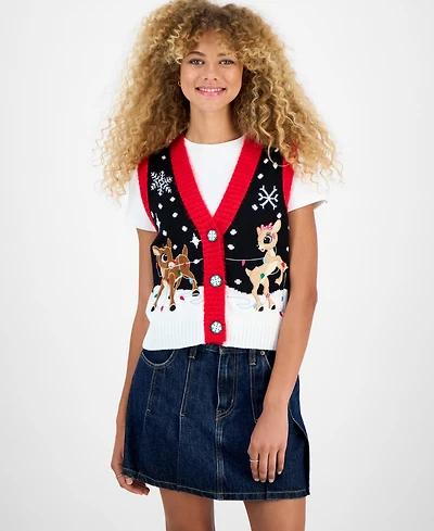 Hooked Up by Iot Juniors' Rudolph Sleeveless Holiday Sweater Vest