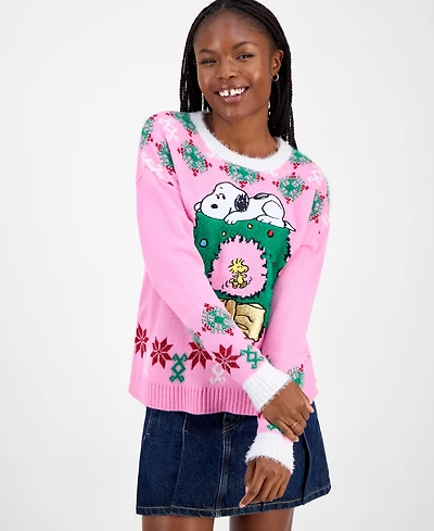 Hooked Up by Iot Juniors' Snoopy Wreath Sweater