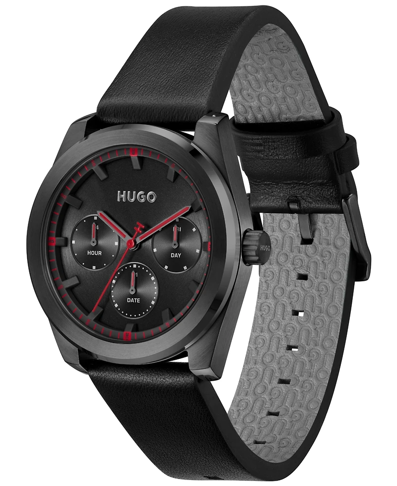 Hugo Boss Men's Bright Sport Quartz Multifunction Black Calfskin Watch, 42mm