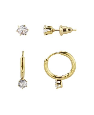 Rebl Jewelry 2-Pair Gold-Tone Earrings Set with Cz Studs & Hoops, 18K Gold Plated Stainless Steel