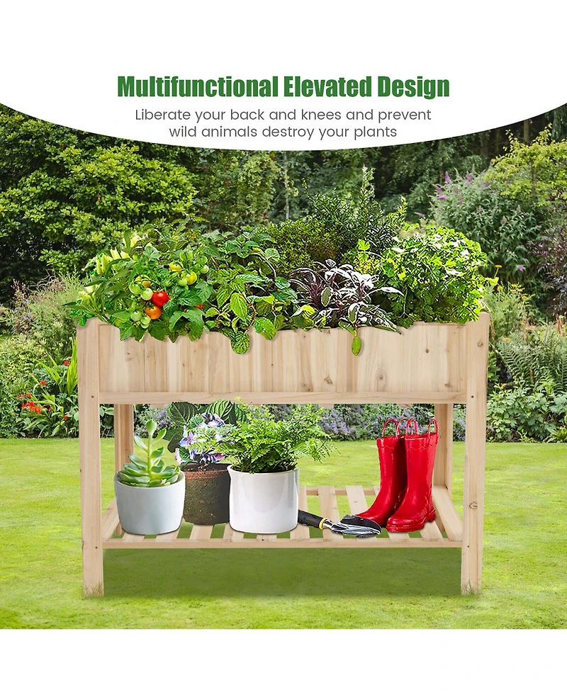 Gymax 47'' Wooden Raised Garden Bed w/Bottom Shelf & Bed Liner Outdoor Elevated Planter Box