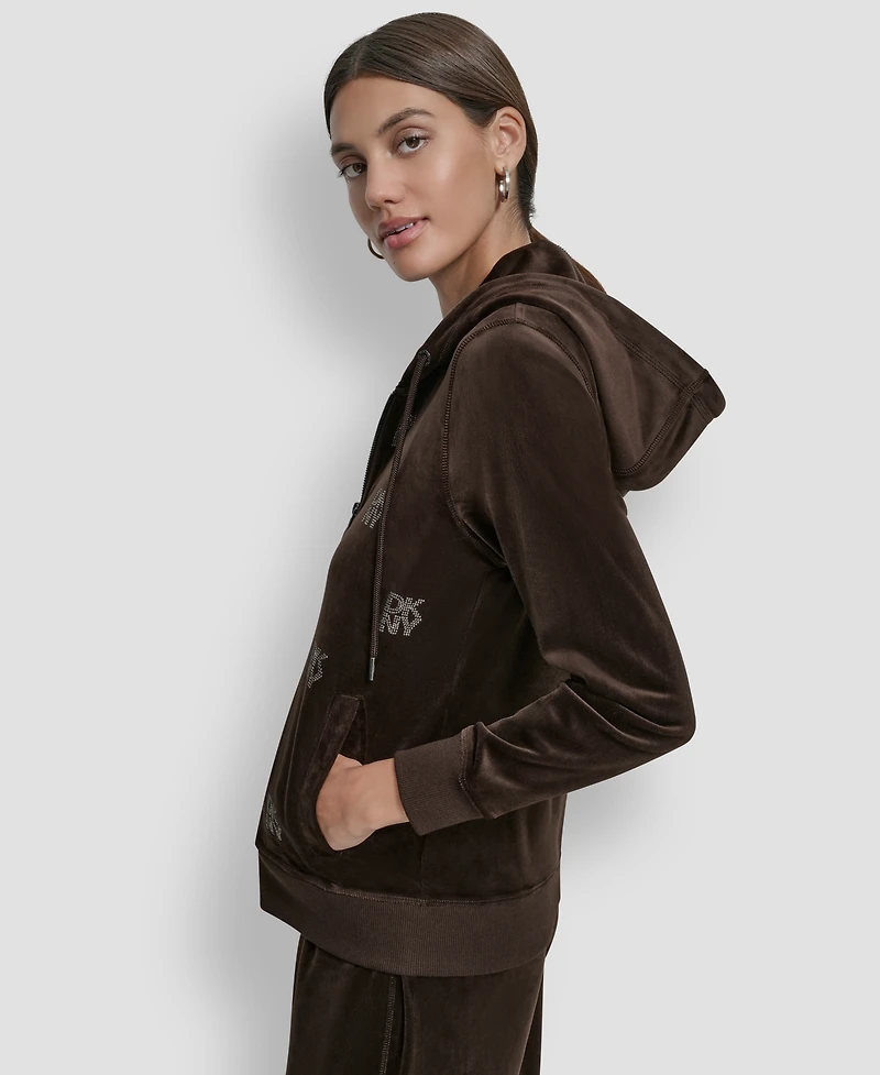 Dkny Jeans Petite Logo Detail Velour Zip-Up Hoodie