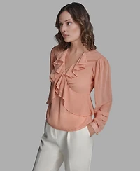 Bcbg Women's Long Sleeve Ruffle V-Neck Blouse