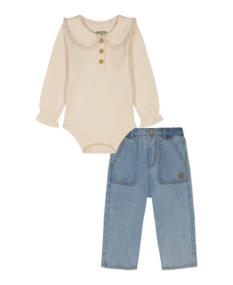 Calvin Klein Baby Girls 2-Piece Peter-Pan Collared Bodysuit and Wide Leg Denim Pants Set