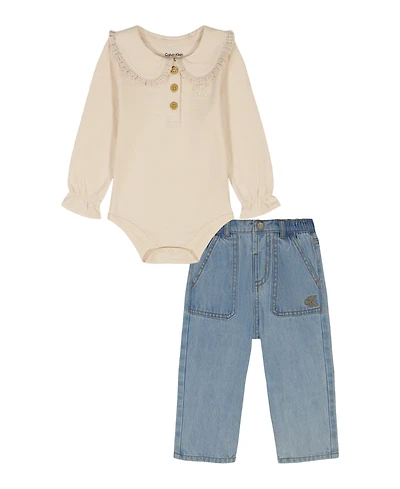 Calvin Klein Baby Girls 2-Piece Peter-Pan Collared Bodysuit and Wide Leg Denim Pants Set