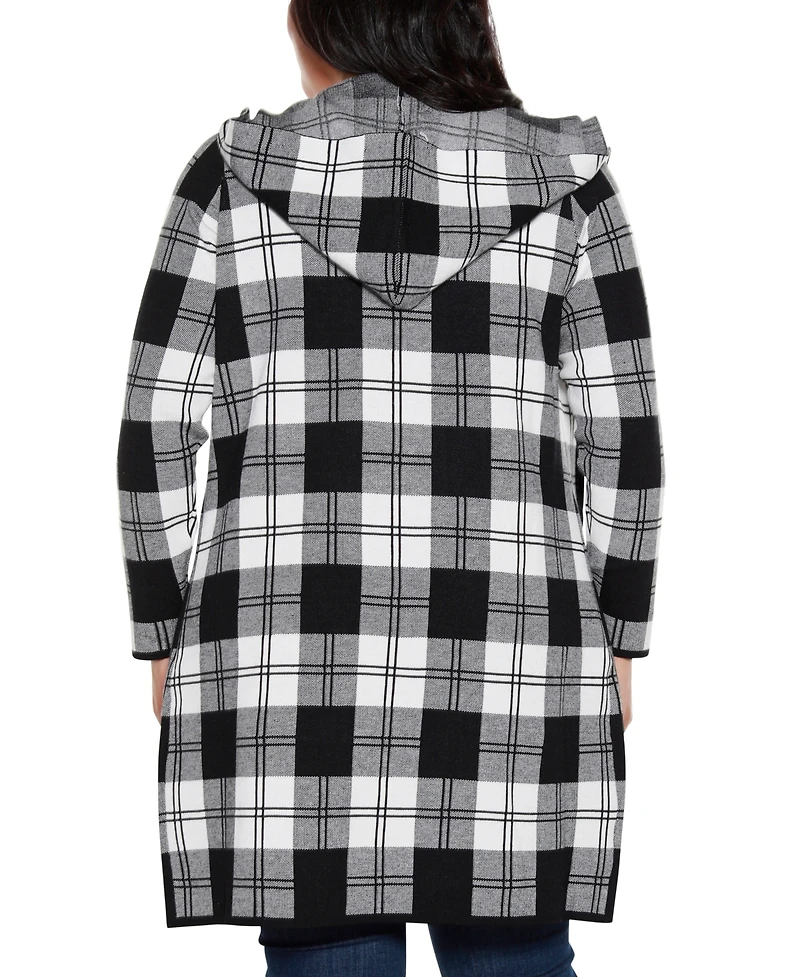 Belldini Plus Size Hooded Checkered Plaid Cardigan Sweater