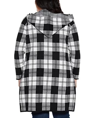Belldini Plus Size Hooded Checkered Plaid Cardigan Sweater