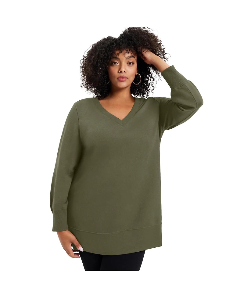 June + Vie Women's Plus V-Neck French Terry Sweatshirt