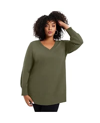 June + Vie Women's Plus V-Neck French Terry Sweatshirt