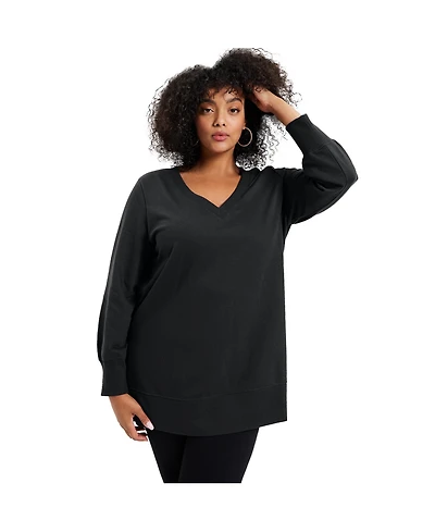 June + Vie Women's Plus V-Neck French Terry Sweatshirt