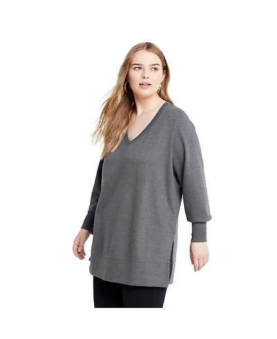 June + Vie Women's Plus V-Neck French Terry Sweatshirt