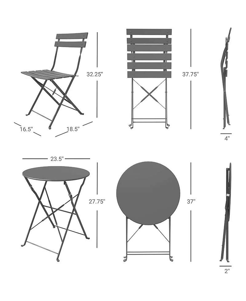 3-Piece Bistro Set, Folding Outdoor Patio Furniture Set with 2 Powder-Coated Steel Chairs & 1 Table, Space-Saving, Rust-Resistant, Heavy-Duty 330lbs C