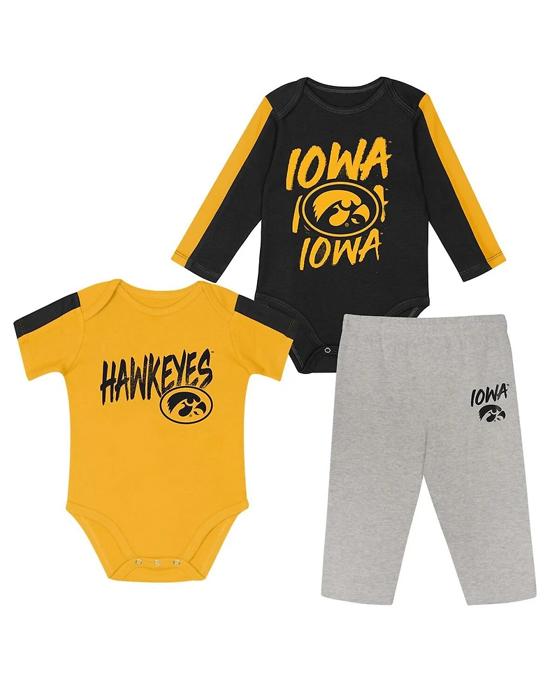 Outerstuff Baby Boys and Girls 3-Piece Black/Gold Iowa Hawkeyes Double Down Creeper and Pants Set