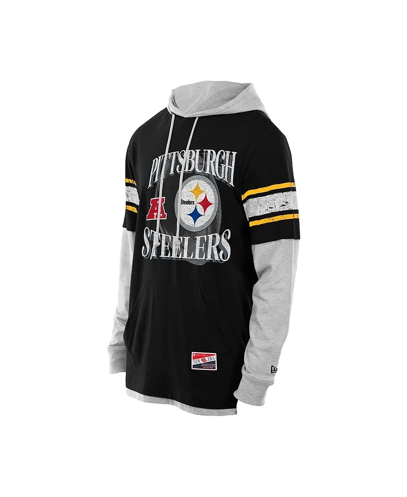 New Era Men's Black Pittsburgh Steelers Twofer Layered Long Sleeve Hoodie T-Shirt