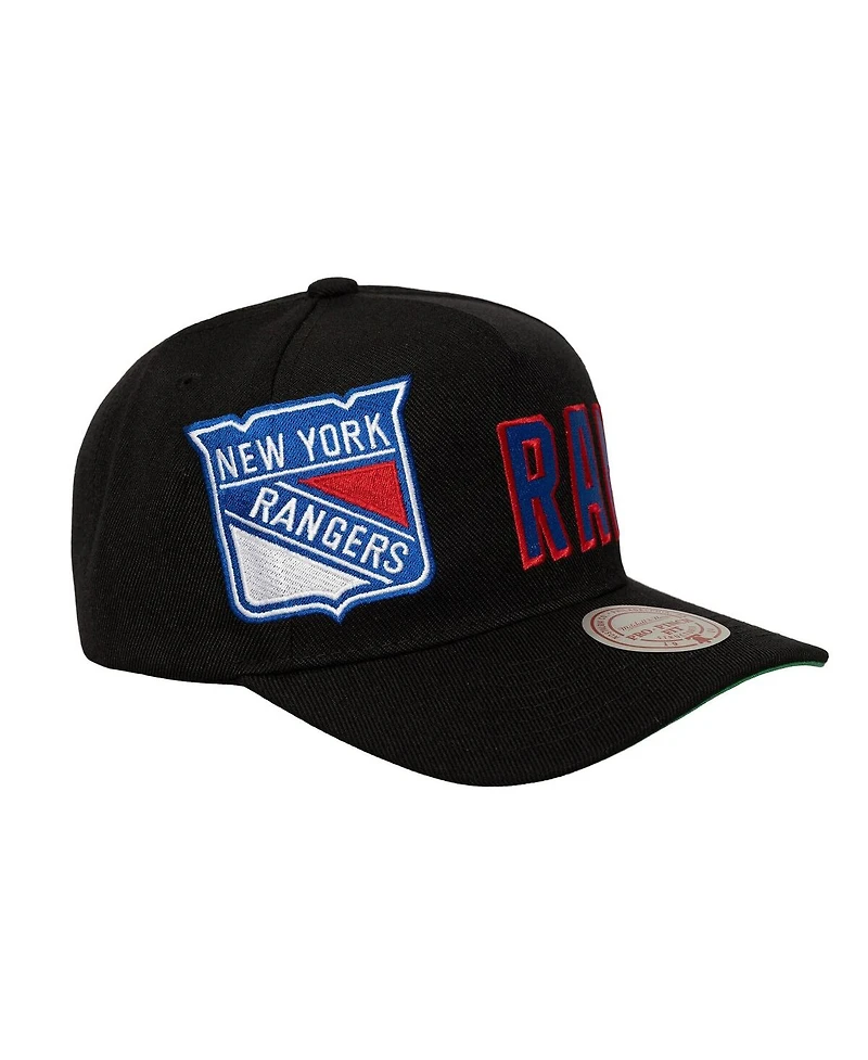 Mitchell & Ness Men's Black New York Rangers Busted Logo Wordmark Wrap-Around Pro Pinch Adjustable Hat