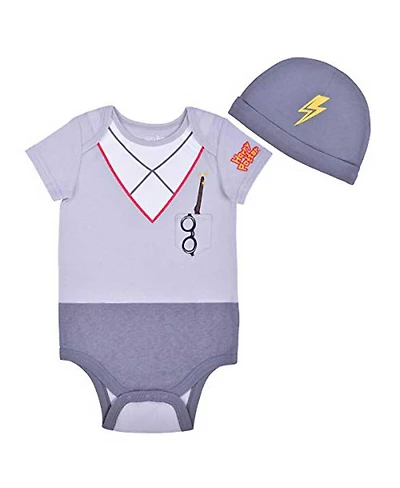 Children's Apparel Network Baby Boys and Girls 2-Piece Gray Harry Potter Hogwarts Uniform Bodysuit Hat Set