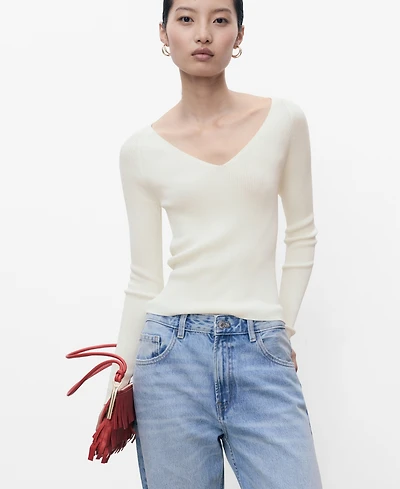 Mango Women's V-Neck Ribbed Knit Sweater