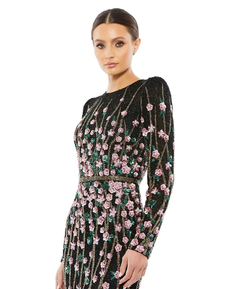 Mac Duggal Women's Floral Embellished Mesh Gown with High Neck & Sheer Long Sleeves