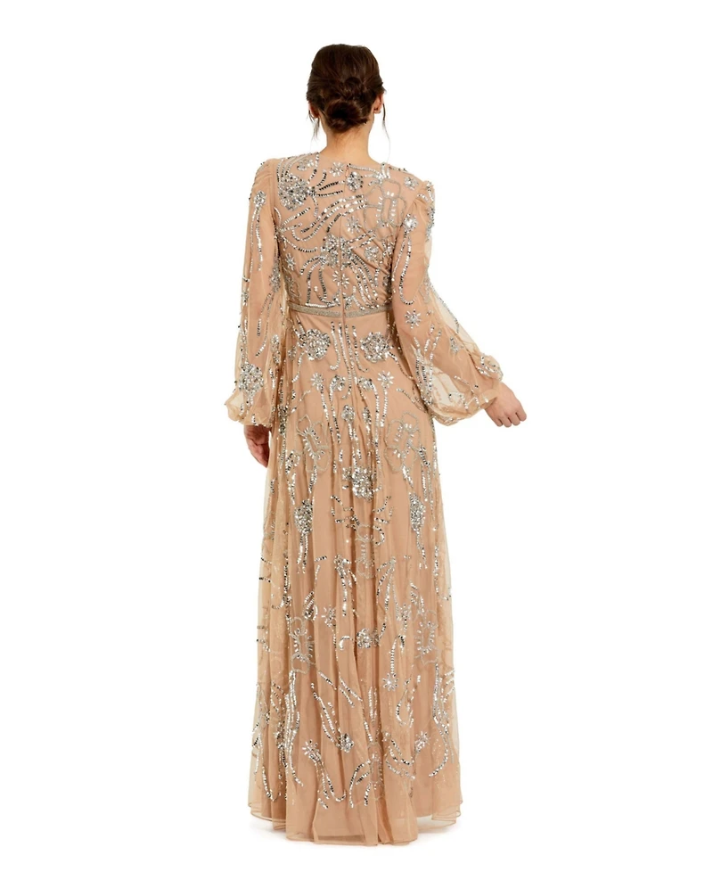 Mac Duggal Women's Embellished High Neck Puff Sleeve Gown