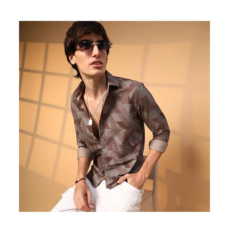 Campus Sutra Men's Geometric Seersucker Shirt