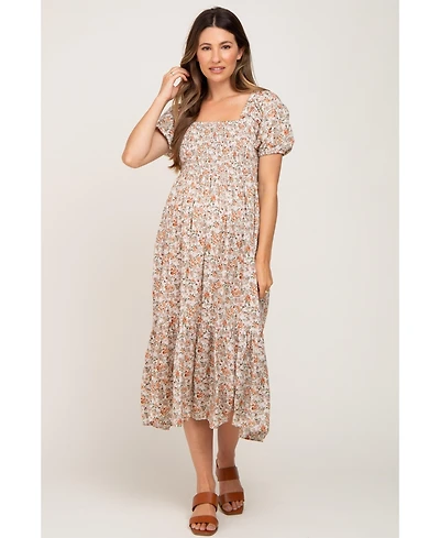Pinkblush Maternity Taupe Floral Smocked Puff Sleeve Midi Dress