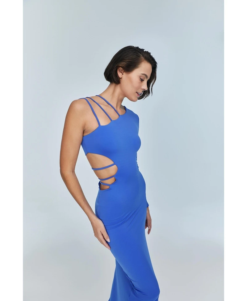 Jendue Us Women's Aurora One Shoulder Denim Maxi Dress - Elegant Blue Cutout Gown