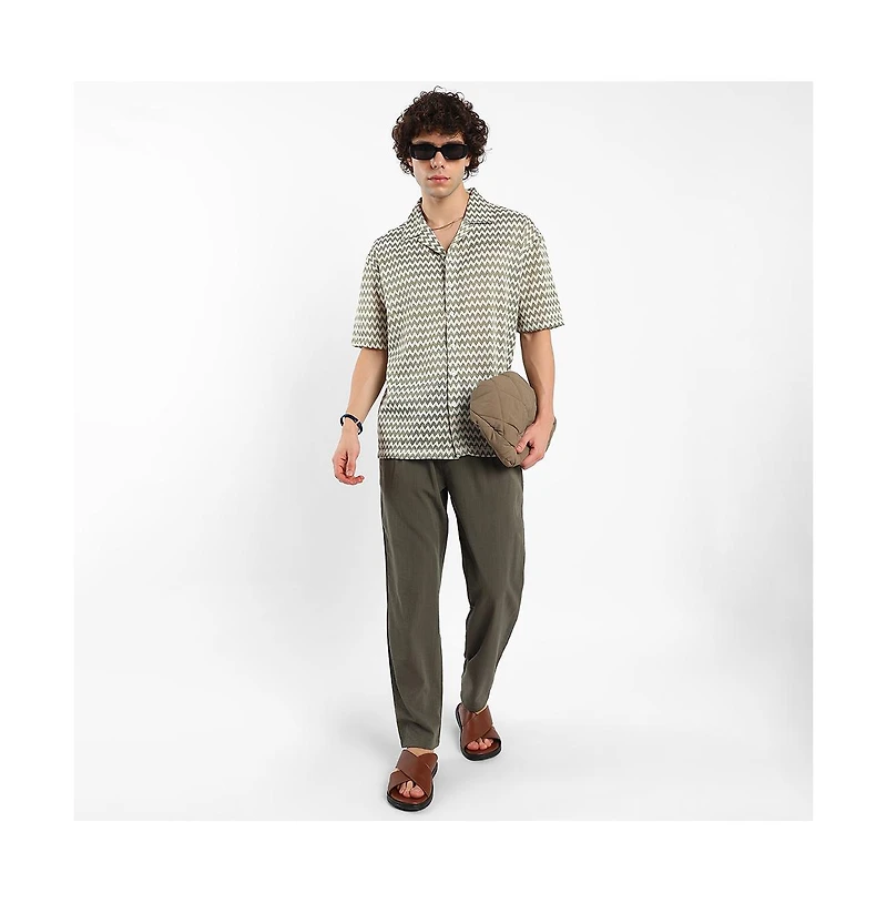 Campus Sutra Men's Olive Green & Powder White Chevron-Striped Oversized Shirt