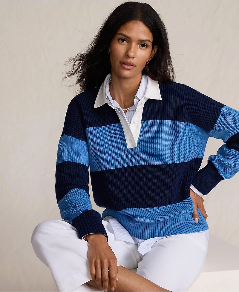 Lands' End Women's Drifter Rugby with Woven Collar Sweater